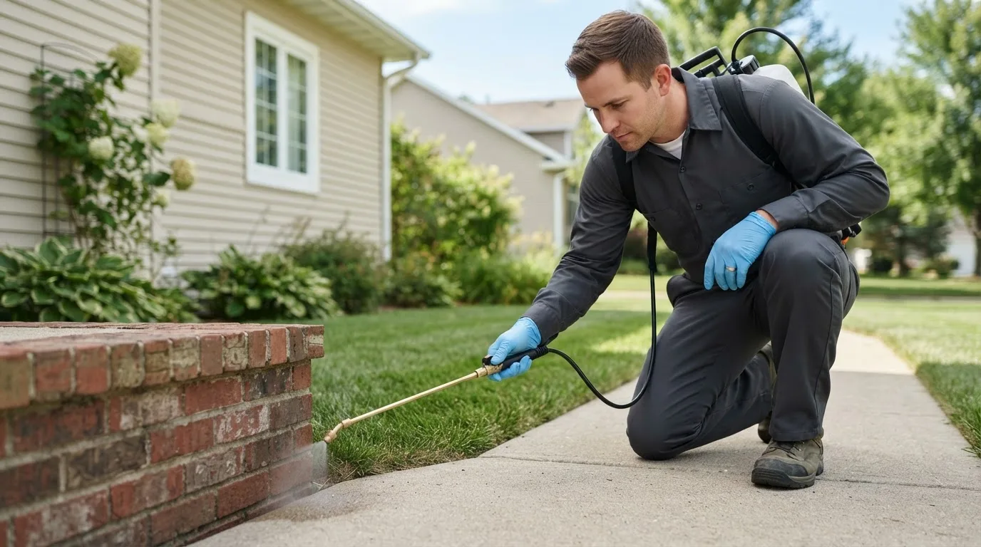 Pest control technician treating a home near Rudyard, MI