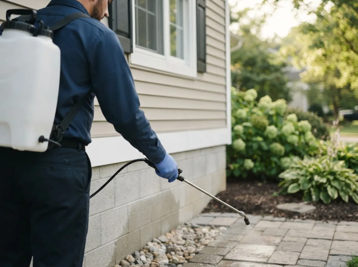 Pest control technician inspecting a home in Rudyard, MI